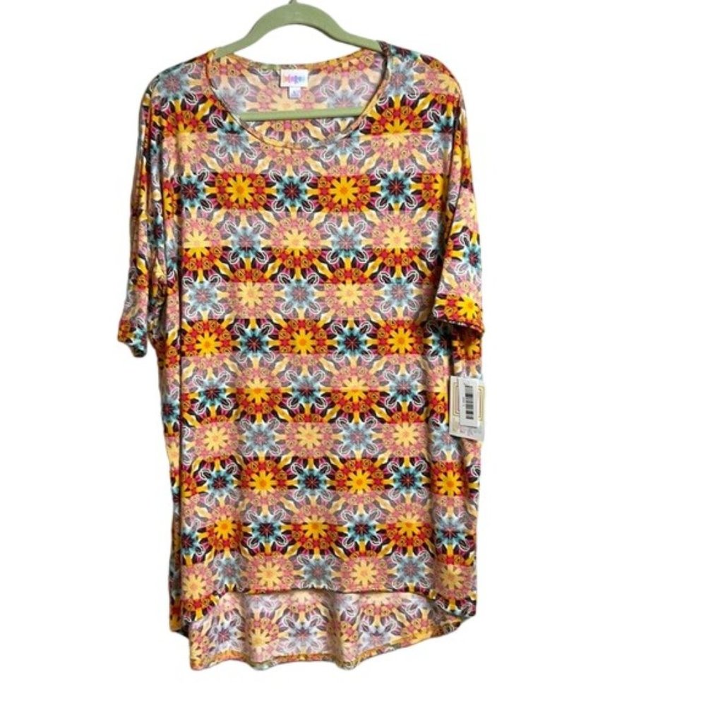 NWT LuLaRoe Irma Hi Low Tunic Top Blouse L Festive Island Floral Striped Faded